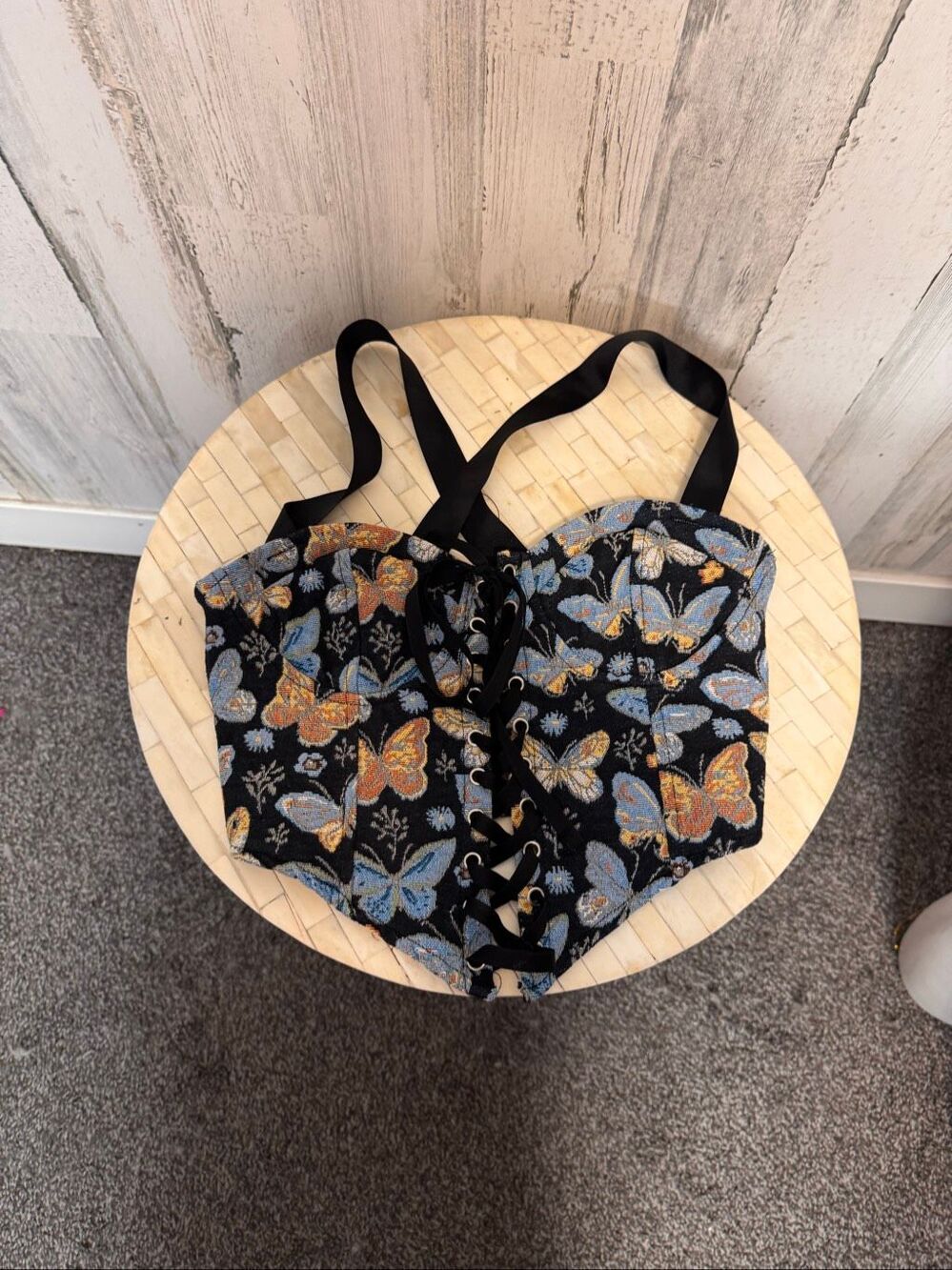 Butterfly Jacquard Tapestry Corset Bustier Crop Top Womens Small Lace Up Front